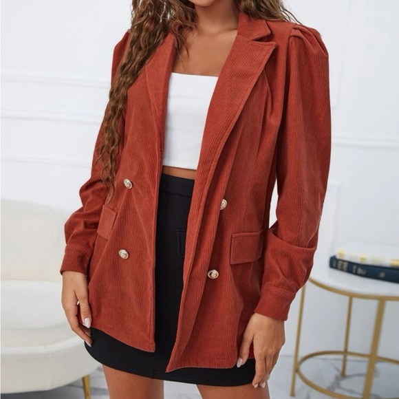 puff sleeves double breasted corduroy blazer - Picture 2 of 6